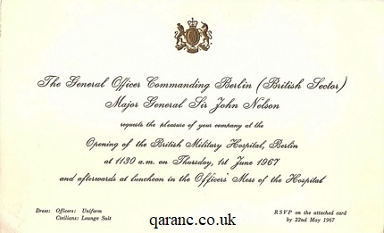 Invite BMH Berlin opening1st June 1967 General Officer Commanding Berlin British Sector Major General Sir John Nelson