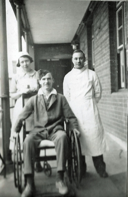 old Delhi Barracks Tidworth Military Hospital open-air balcony Bdr Bombardier Thomas in a wheelchair Private Phillips Pte Wilkes February 1940.