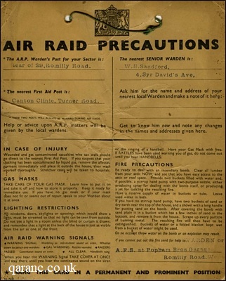 Air Raid Precautions ARP card WW2