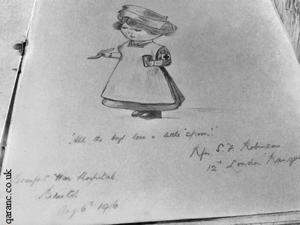 Drawing of a WWI Nurse Holding a Spoon and Medicine Bottle