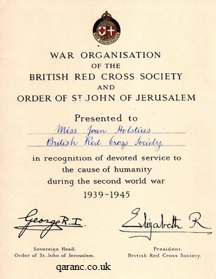 War Organisation of the British Red Cross Society and Order of St John of Jerusalem Certificate of World War Two Service